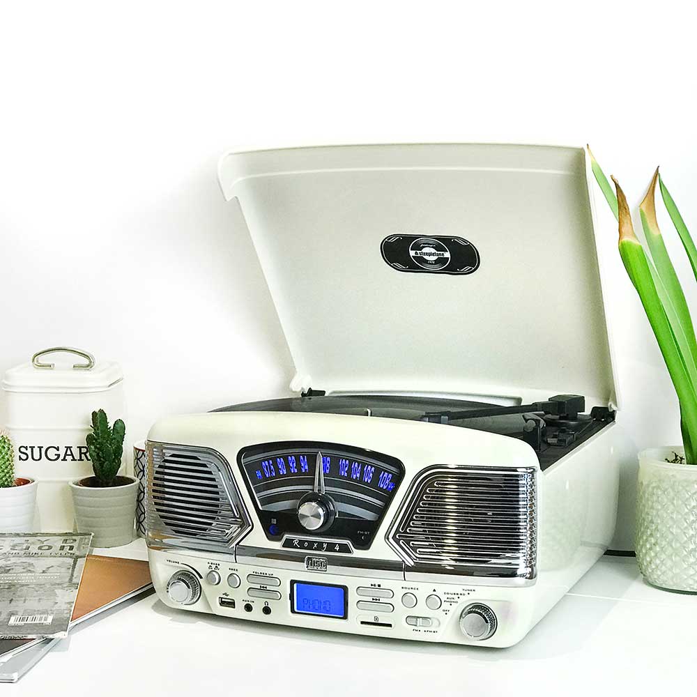 Roxy 4 Vinyl Record Player Retro Music System by Steepletone - Cream