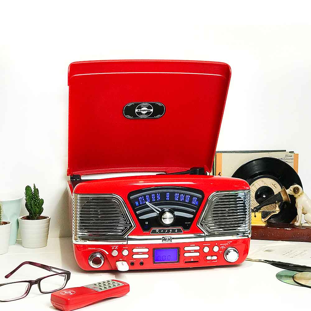 Roxy 4 Vinyl Record Player Retro Music System by Steepletone - Red