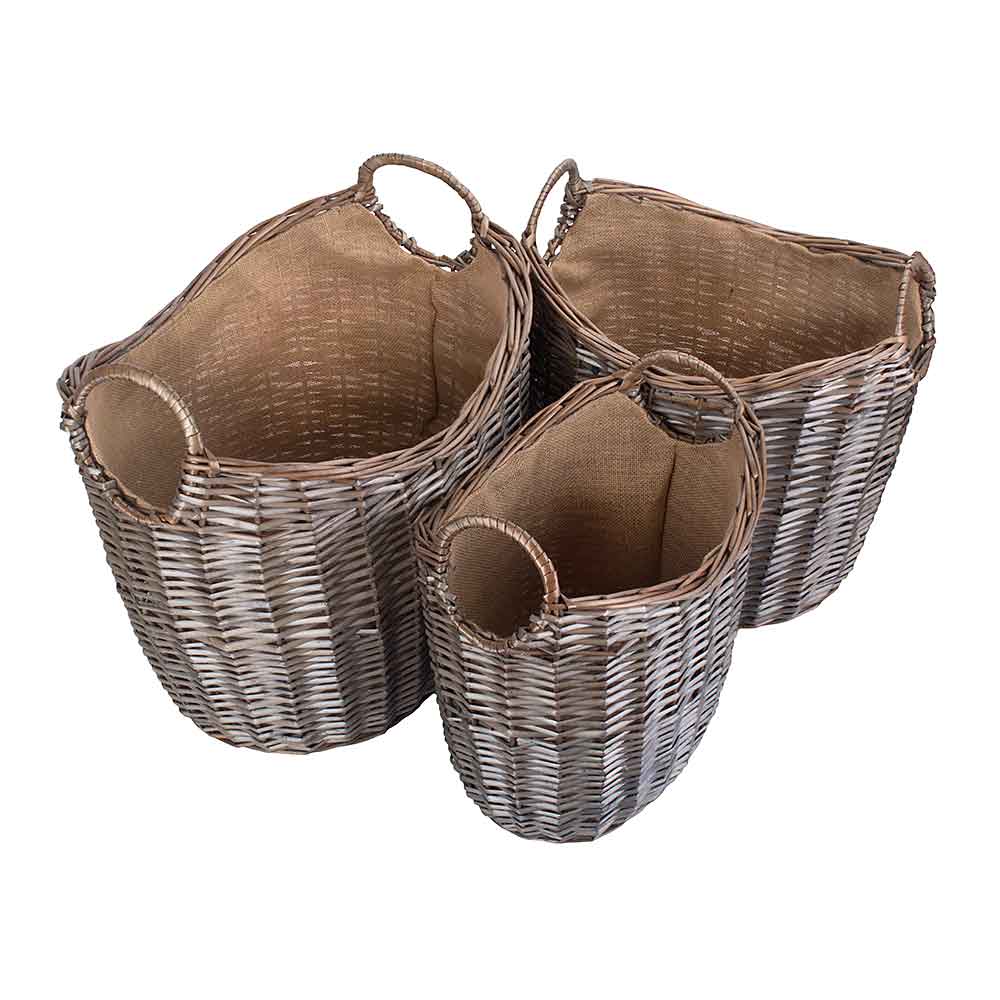 Set of Three Willow Baskets with Hessian Lining Large  Medium Small by Willow