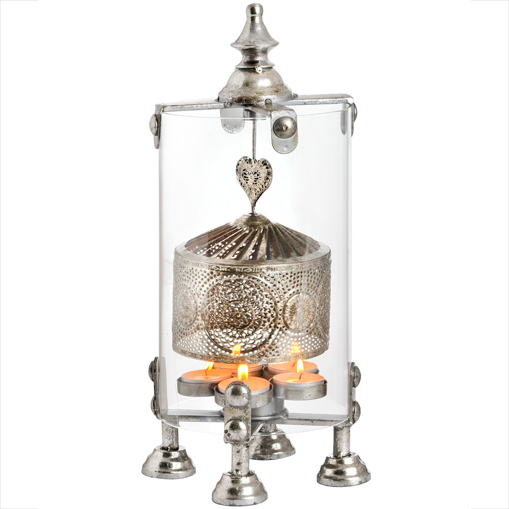 Tealight Silver Lantern Metal Heart Spinner Lamp  by Hill Interiors