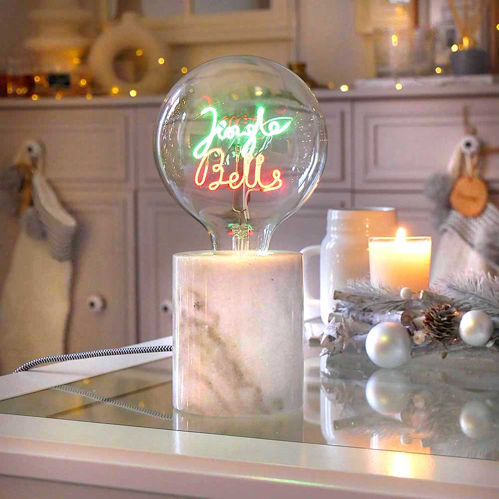 LED Word Text Filament Light Bulb White Marble Table Lamp 'Jingle Bells' by Steepletone