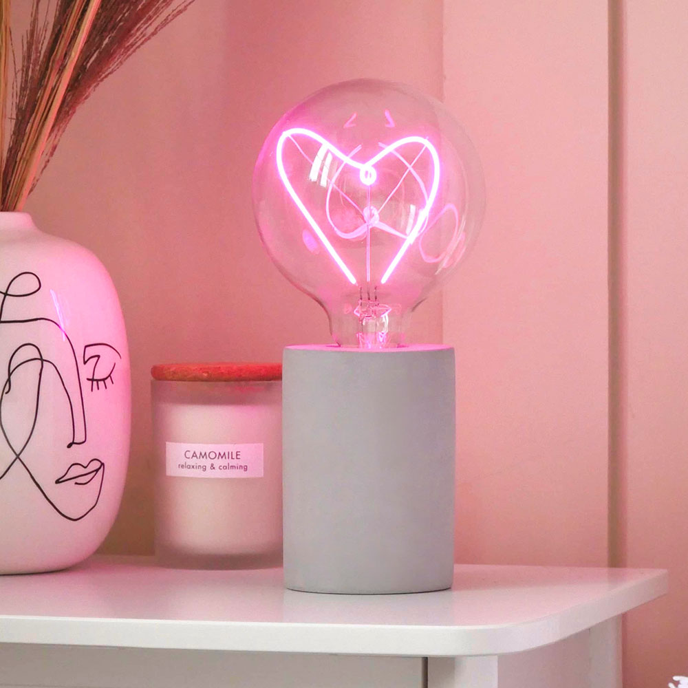 LED Word Text Filament Light Bulb Grey Concrete Table Lamp Pink 'Heart' by Steepletone