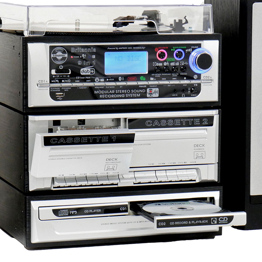 9-in-1 Modular Music System Vinyl Record Player, DAB Radio, CD Recording - Britannia by Steepletone
