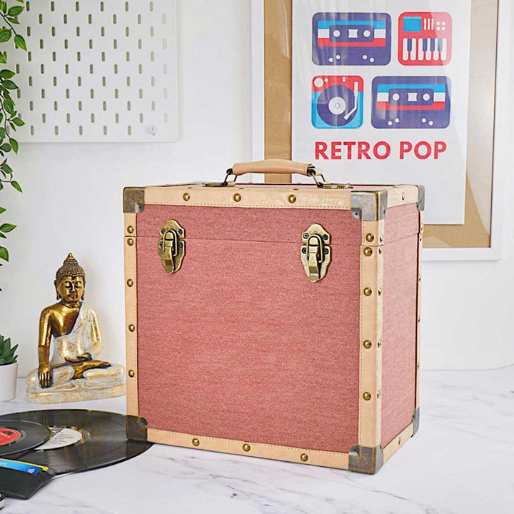 Pink Fabric Record Storage Case Box Retro Style for 12" LP by Steepletone