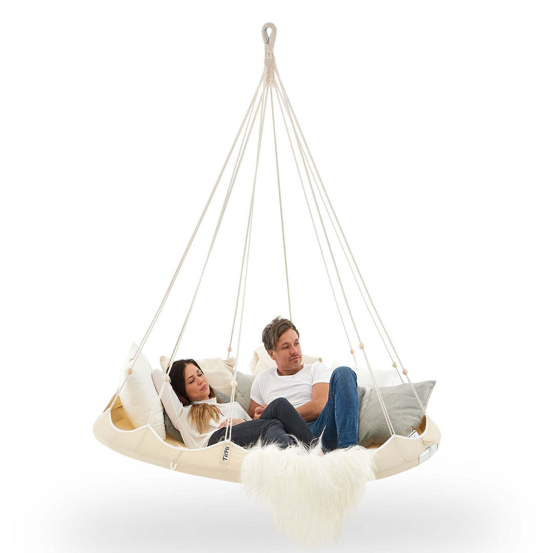 TIIPII Classic Large Hanging Teepee Hammock Floating Daybed in  White couple lifestyle without net