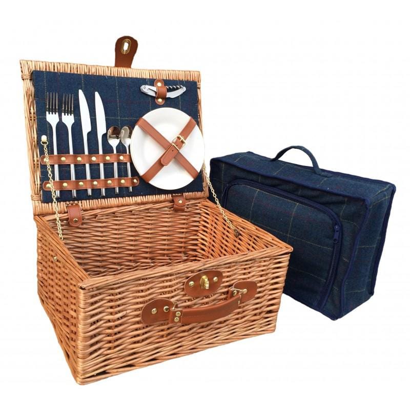 Fully Fitted Picnic Basket Hamper in Blue Tweed Two Person 062 by Willow
