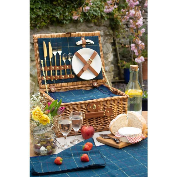 Fully Fitted Picnic Basket Hamper in Blue Tweed Two Person 062 by Willow