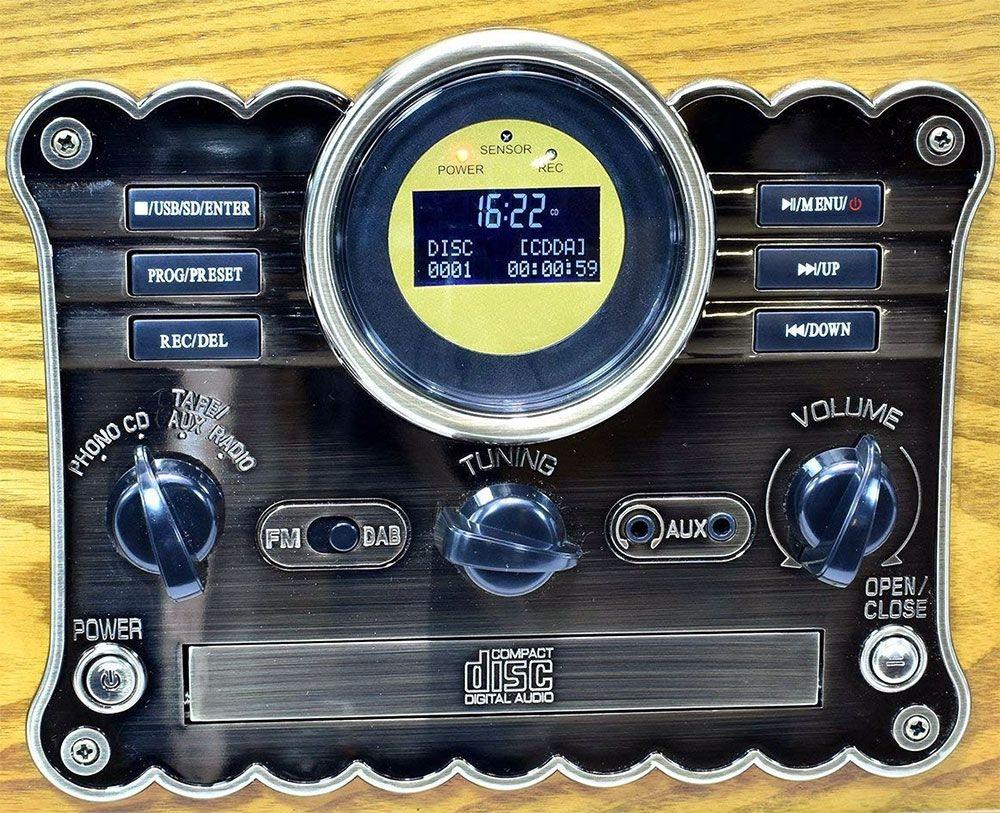 STEEPLETONE Westminster Retro 7 In One Music System with DAB Radio | Bluetooth |  CD and Cassette |Aux in | USB | Record Player light wood control panel