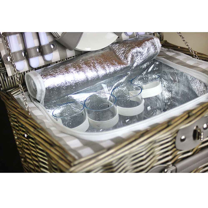 WILLOW Two or Four Person Fully Fitted Picnic Basket Hamper  Showing Acrylic glasses and Zipped Cooler Bag