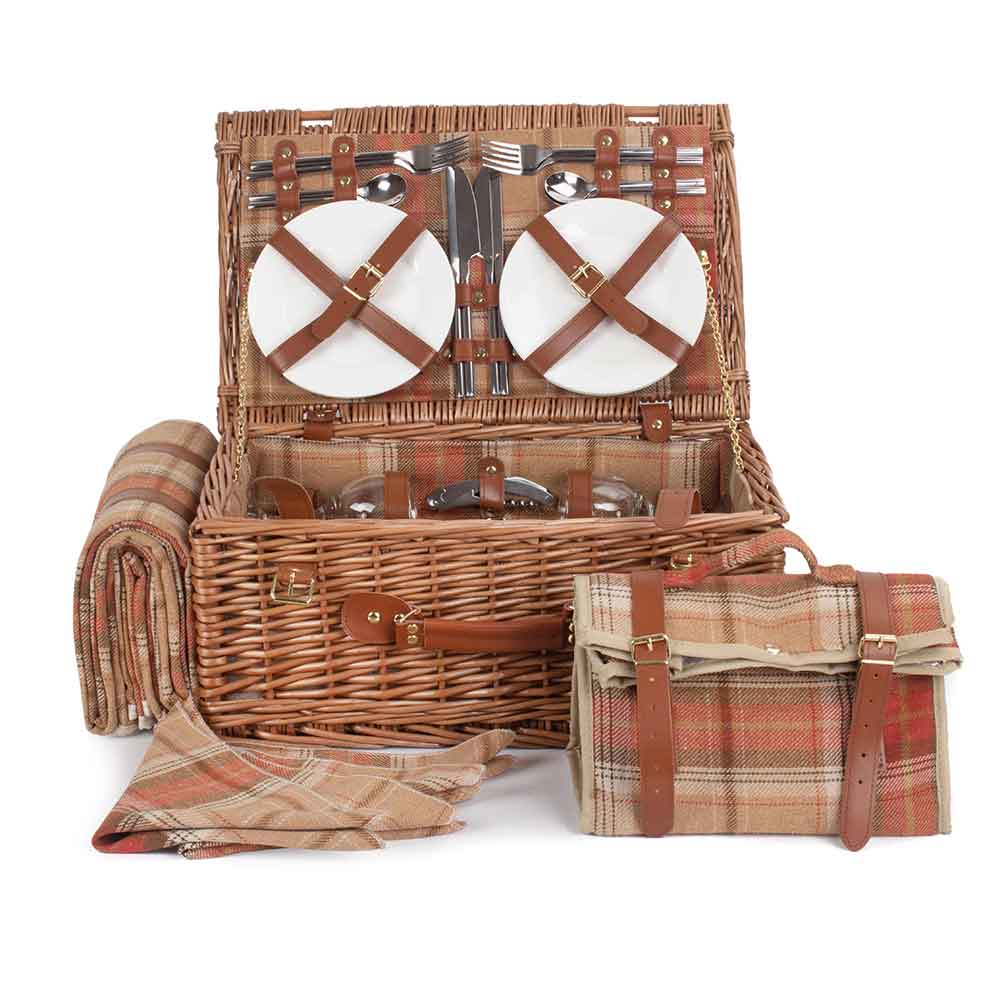 Fully Fitted Picnic Basket Hamper in Red Tartan Four Person 105 by Willow