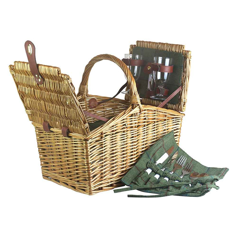 Fully Fitted Picnic Basket Hamper in Green Tweed Two Person by Willow