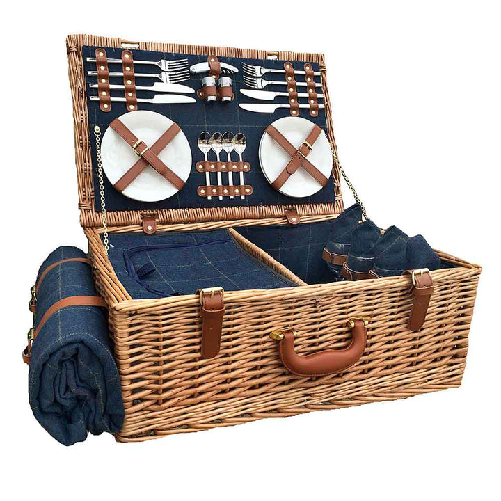 Fully Fitted Picnic Basket Hamper in Blue Tweed For Four 063 by Willow