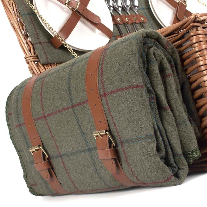 WILLOW Four Person Fully Fitted Green Tweed Picnic Basket Hamper