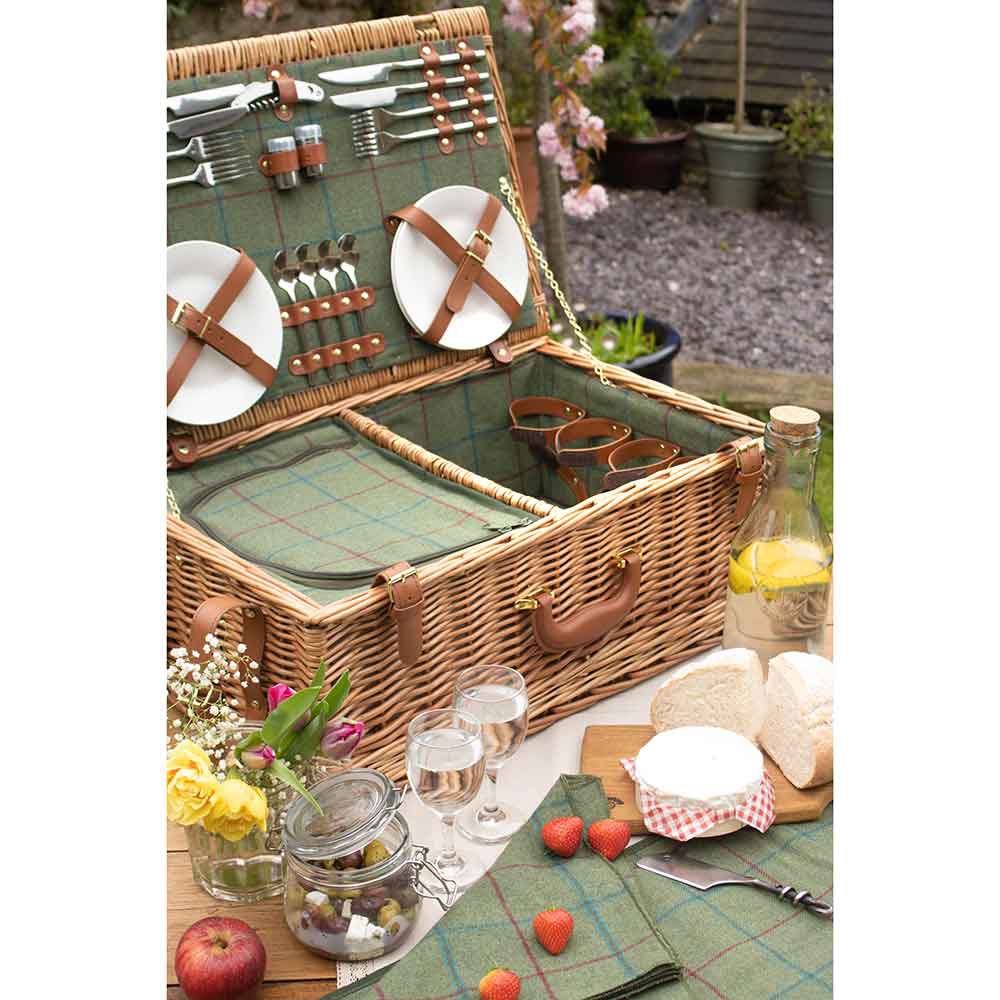Fully Fitted Picnic Basket Hamper in Green Tweed For Four 069 by Willow