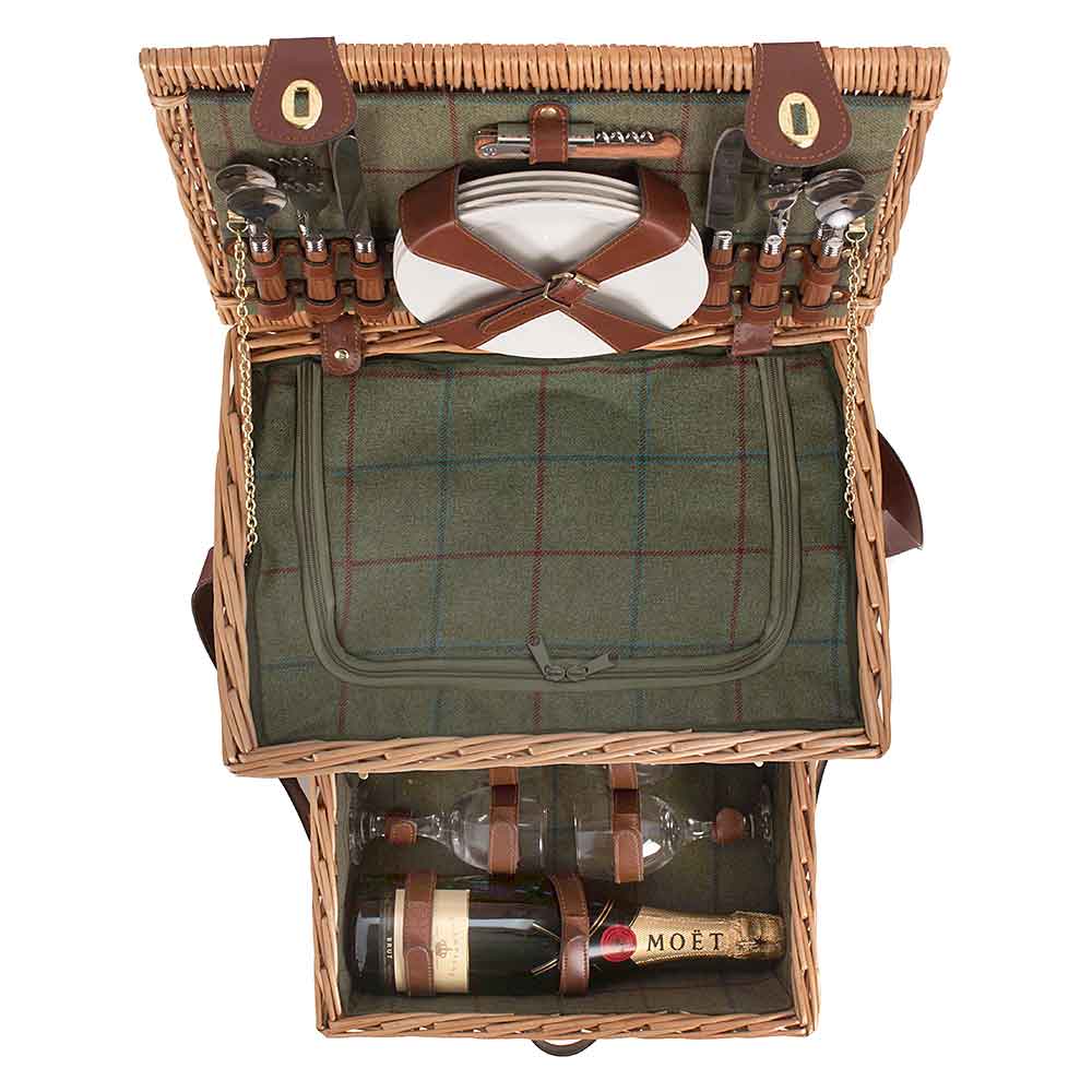 Fully Fitted Four Person Green Tweed Picnic Basket Hamper by Willow