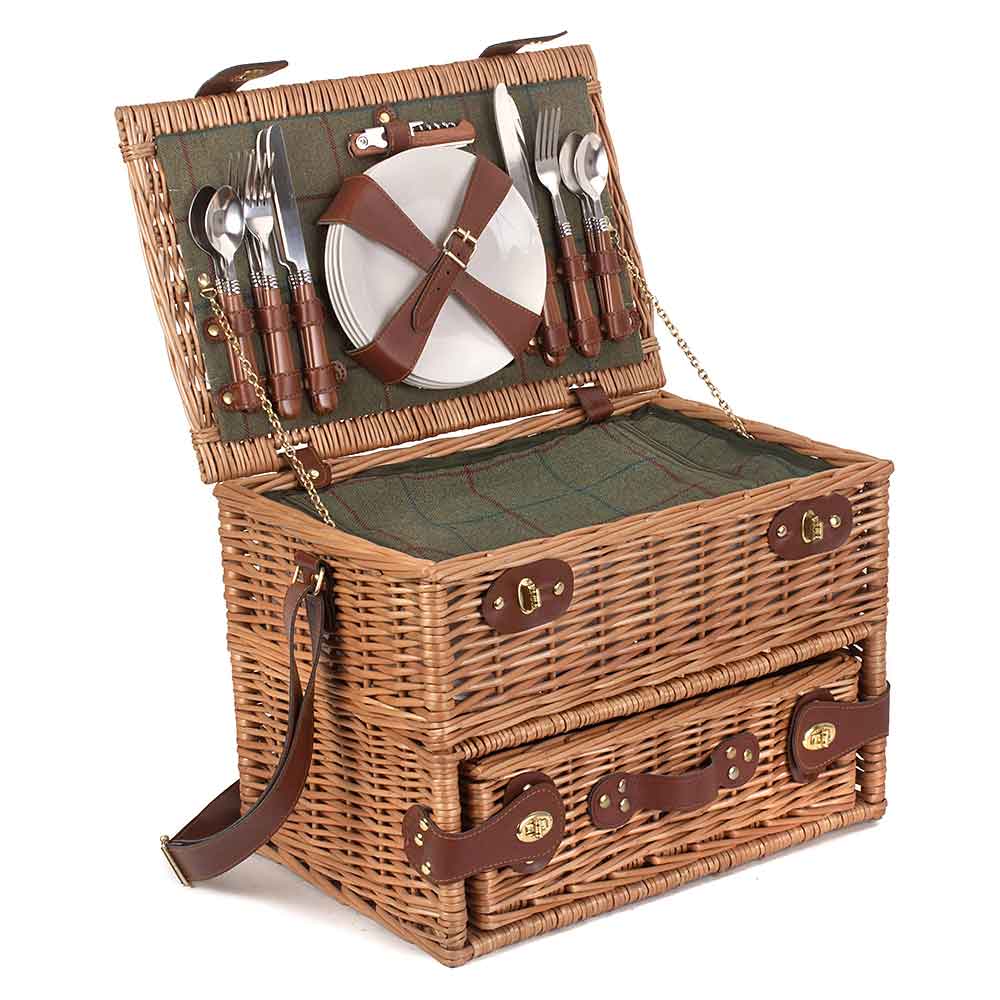 Fully Fitted Four Person Green Tweed Picnic Basket Hamper by Willow