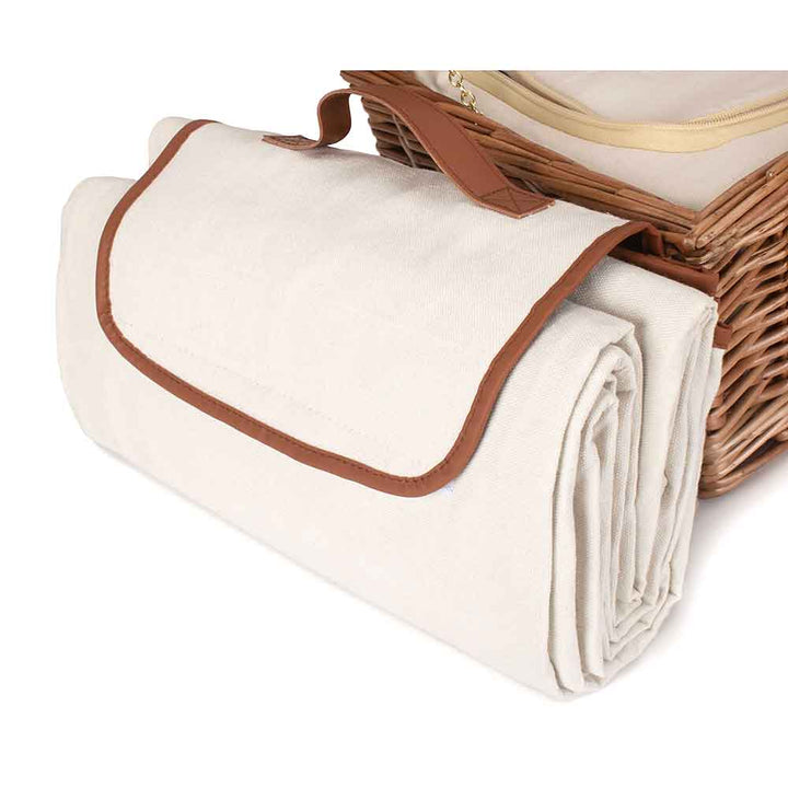 WILLOW Four Person Fully Fitted Picnic Basket Hamper in Cream Showing the Blanket Rug- Melbourne 116