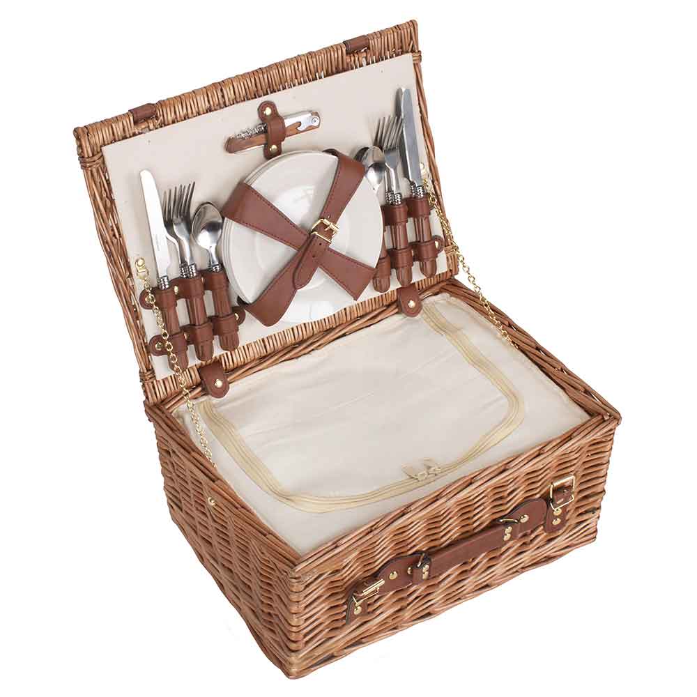 WILLOW Four Person Fully Fitted Picnic Basket Hamper in Cream Shown Open - Melbourne 116