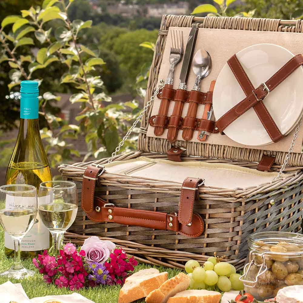 Fully Fitted Picnic Basket Hamper in Beige Two Person 095 by Willow