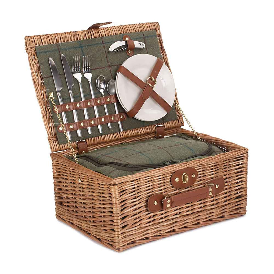 Fully Fitted Picnic Basket Hamper in Green Tweed Two Person 068 by Willow