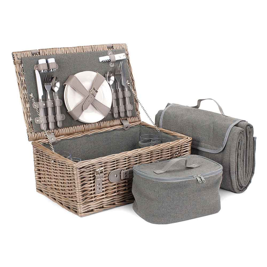 Fully Fitted Picnic Basket Hamper in Grey Tweed Two Person 113 by Willow