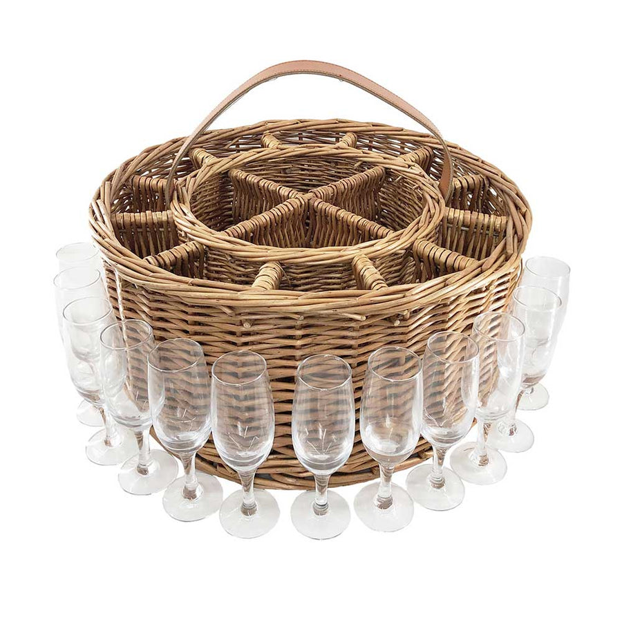 Champagne Bottle Leather Handle Carry Basket 12 Champagne Glasses 043 by Willow