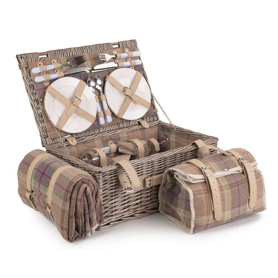 Picnic Basket Hamper Fully Fitted Four Person in Lavender Tartan by Willow