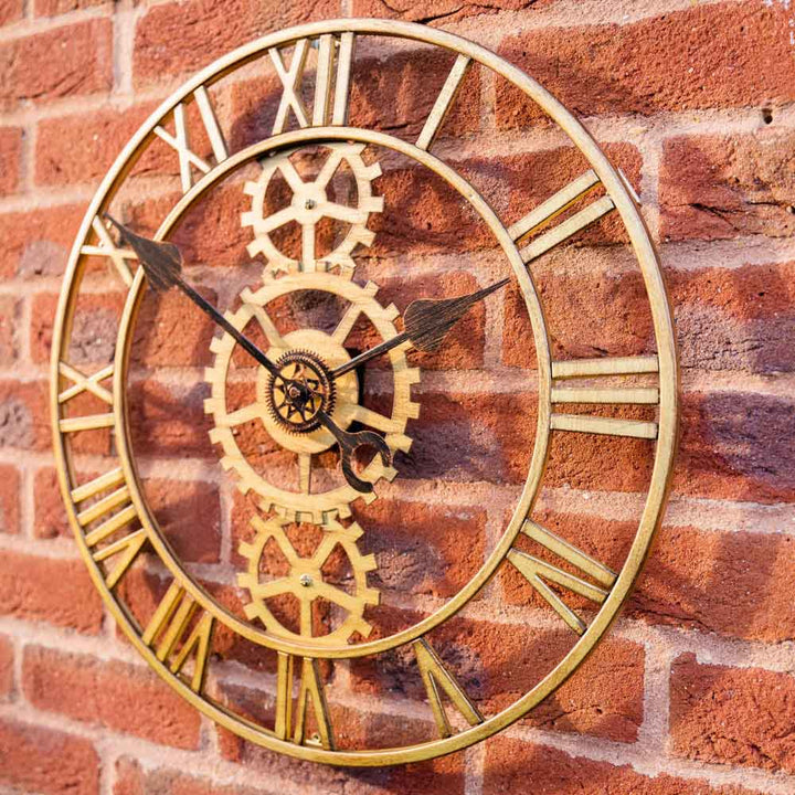 Metal Skeleton Wall Clock, Indoor, Outdoor in Gold by Windward