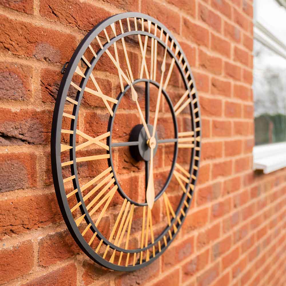 Metal Skeleton Wall Clock, Indoor, Outdoor in Black and Gold by Windward